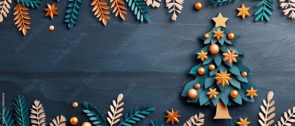 Wall mural Festive Christmas tree with gold ornaments and leaves on a dark blue wooden background, perfect for holiday celebrations and seasonal decorations.