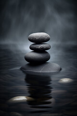 an award winning photography of balanced stones in water, minimalism, long time exposure, desaturated, 80mm lens