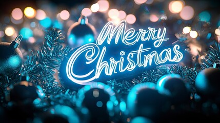 A glowing Merry Christmas sign written in cursive, surrounded by silver and blue Christmas lights and ornaments.