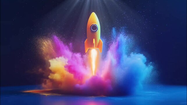 Rocket Launch with Colorful Powder Bursts. Seamless looping time-lapse 4k video animation background