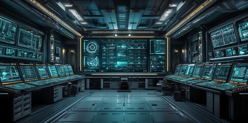 Futuristic control room interior with rows of glowing computer screens and a large display in the center, designed in dark blue and gray tones.