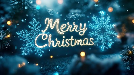 A glowing Merry Christmas banner in blue and white, framed by snowflakes and sparkling lights.