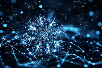 An abstract digital background featuring a Christmas snowflake, intricately designed with modern data connections, blending festive elements with technological themes