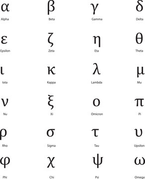 Greek Alphabet Letters Lowercase Icon Set &ndash; Fraternity, Sorority Symbols, Mathematical and Scientific Vector Icons