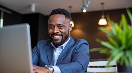 one businessman adult black man african work on laptop at home happy smile