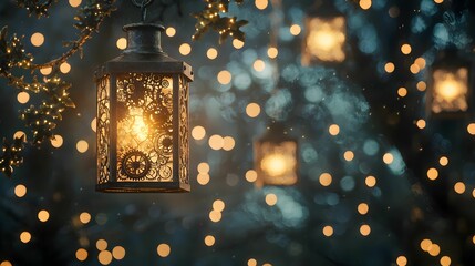 Lantern with Gears Illuminating in Bokeh Night