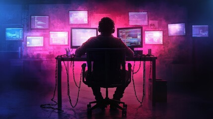 A person chained to a desk, surrounded by glowing screens, unable to break free from the cycle of work, visually representing work addiction.