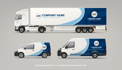 Realistic Van, Truck trailer mockup set with branding design. Abstract graphics of geometric blues decal design for transport. Branding vehicle. Horizontal AD banner. Editable vector template © VRTX