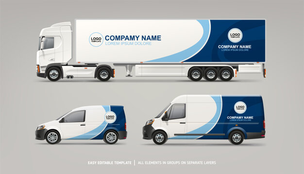 Realistic Van, Truck trailer mockup set with branding design. Abstract graphics of geometric blues decal design for transport. Branding vehicle. Horizontal AD banner. Editable vector template