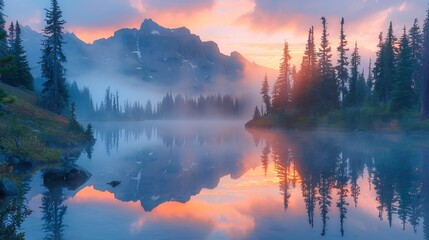 Tranquil mountain lake at sunrise with mist rising from the water and towering pine trees reflecting in the calm surface