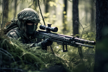 The army soldier shoots from a sniper rifle, camouflaged in a forest