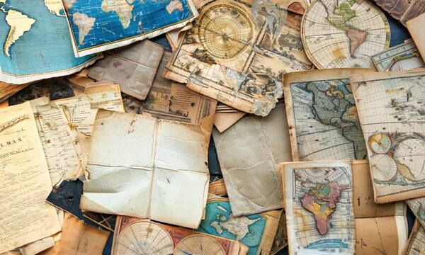 A Pile of Vintage Maps and Charts