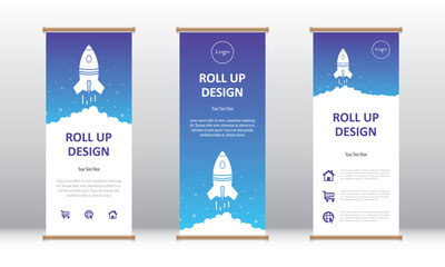 Vertical roll up banner design, project startup, business innovation advertising, display mockup layout template with rocket sign, data visualization and communication, promotion advertisement