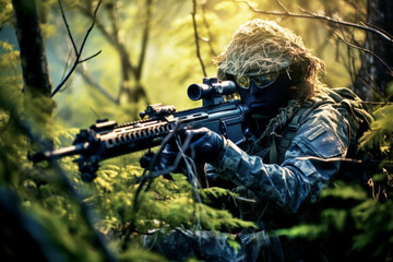 The army soldier shoots from a sniper rifle, camouflaged in a forest