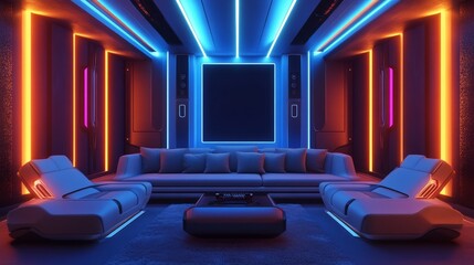 Futuristic home theater with neon LED lighting, modern furniture, and a high-tech sound system for an ultramodern vibe.