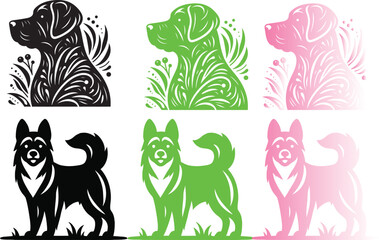 Dog vector silhouette and Multi Color  illustration of multiple images dog either 