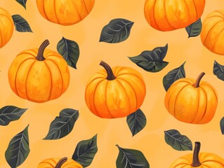 AI generated illustration of pumpkins with autumn leaves on a light background