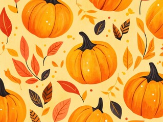 AI generated illustration of pumpkins with autumn leaves on a light background