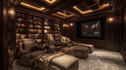 Home theater room with built-in shelves for movie collections, plush chairs, and mood lighting that enhances the cinematic experience