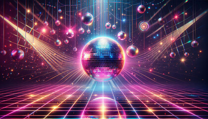 Discokugel &uuml;ber einer bunten, beleuchteten Tanzfl&auml;che, Schlagerparty, copy space