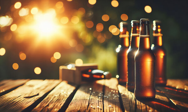 Braune Bierflasche ohne Label mit Holzbrett und Bokeh Hintergrund, copy space
