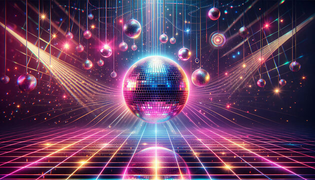 Discokugel &uuml;ber einer bunten, beleuchteten Tanzfl&auml;che, Schlagerparty, copy space
