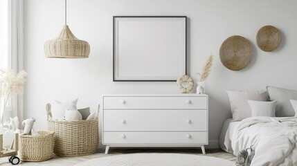 Minimalist children room with a mock-up frame above a sleek white dresser, toy baskets, and soft pastel bedding.