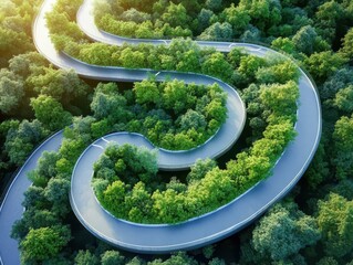 A winding road curves gracefully through lush green forests, showcasing nature's beauty and the serenity of a scenic drive.