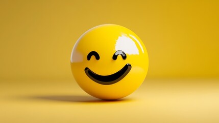 Fototapeta premium A 3D of a yellow smiley face with a big smile and closed eyes on a yellow background. This image symbolizes happiness, positivity, joy, and optimism.