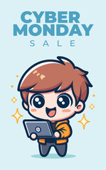 chibi kawaii cute person holding a tablet or laptop happy to see sales discount cyber monday sale