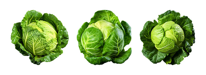 Fototapeta premium Three green cabbages with tightly packed leaves on a transparent background