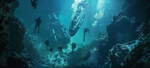 Fototapeta premium Divers Exploring a Sunken Ship