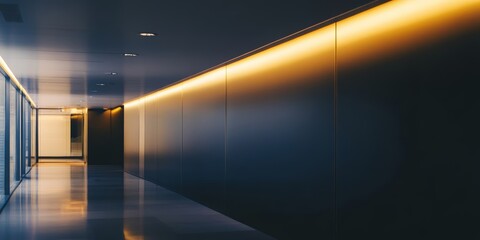 A long, minimalistic hallway features smooth walls and warm lighting, creating a tranquil atmosphere in a modern architectural setting