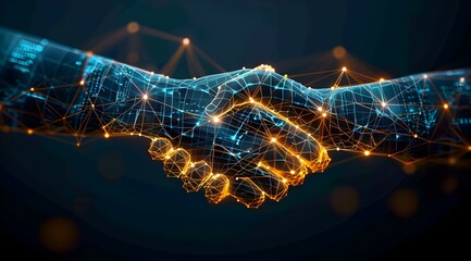 A digital handshake between two business individuals, symbolizing the data technology theme of growth and collaboration