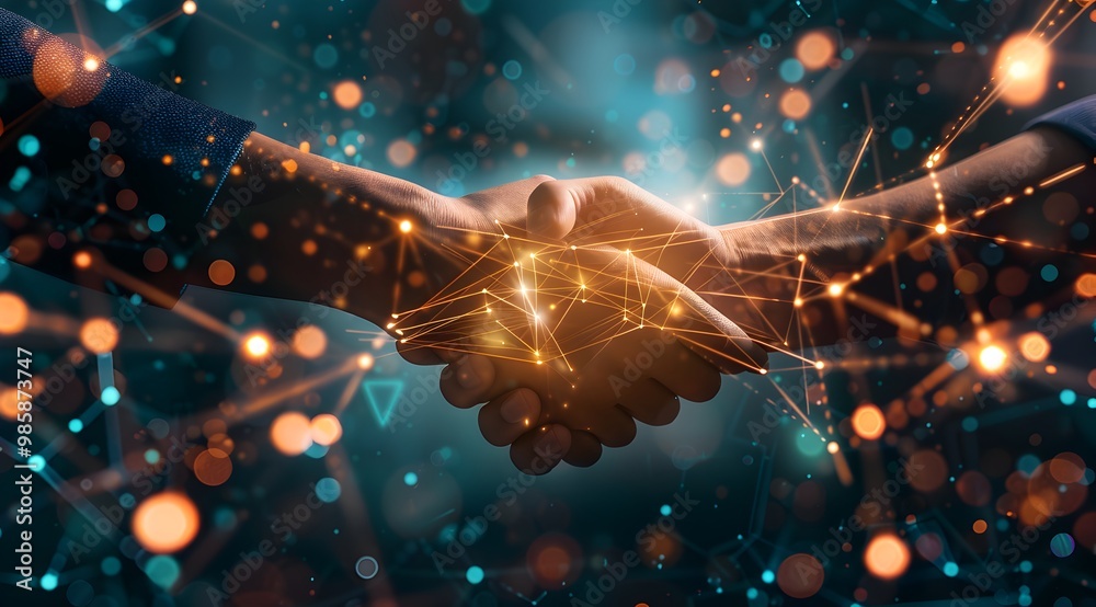 Poster two hands shaking, digital connections forming between them; a background with abstract tech pattern