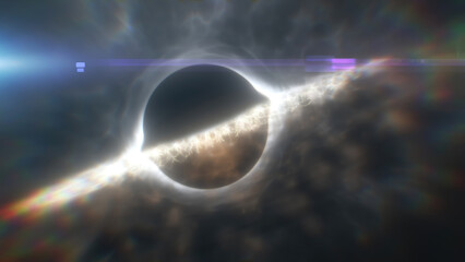 Abstract glowing object resembling a black hole surrounded by bright light in a deep blue space