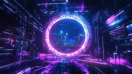 Fototapeta premium A glowing circular portal in a futuristic digital landscape with a cityscape visible through it.