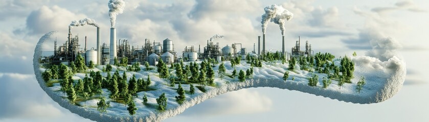 Obraz premium A surreal landscape blending industrial structures with lush greenery, illustrating the contrast between nature and urbanization.