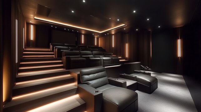 Spacious home theater room with tiered seating, built-in sound system, and dark walls to enhance the viewing experience.