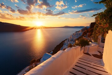 Fototapeta premium A breathtaking sunset over Santorini, Greece, with whitewashed buildings and a stairway leading down to the Aegean Sea. The golden hour casts a warm glow over the landscape, creating a magical and rom