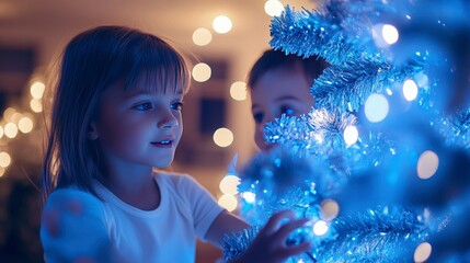 Children playing near a bright blue and silver tree, holiday lights twinkling throughout the room.