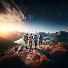 Obraz premium Four hikers stand on a mountaintop, gazing at a breathtaking view of a lake surrounded by snow-capped peaks. The sky is filled with clouds, and the sun is setting, casting a golden glow over the lands