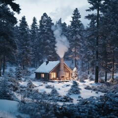 Winter Cabin: Cozy cabin in a snowy forest with smoke coming from the chimney