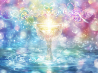 A giant white glowing crystal chalice of light rises from a blur light blue sea of awareness,Surrounding the chalice are rainbow-colored infinity symbols formed by stars, with mysterious patterns 