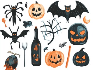 Illustration with scary Halloween elements including skulls, pumpkin, and haunted house with white background, AI generated