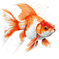A swimming goldfish, gently moving, hand-drawn style, vibrant orange and white, isolated on white background. 
