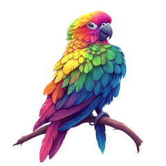 Obraz premium A tropical parrot, perched on a branch, stylized cartoon, vibrant rainbow colors, isolated on white background. 