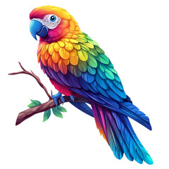 Obraz premium A tropical parrot, perched on a branch, stylized cartoon, vibrant rainbow colors, isolated on white background. 