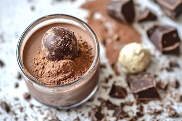 Chocolate mousse dessert served in a transparent glass with a chocolate ball on top and cocoa powder being sprinkled, with pieces of dark chocolate and cocoa powder spread around on white background