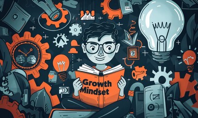 A person reads a book titled "Growth Mindset" surrounded by vibrant illustrations of ideas and creativity.
